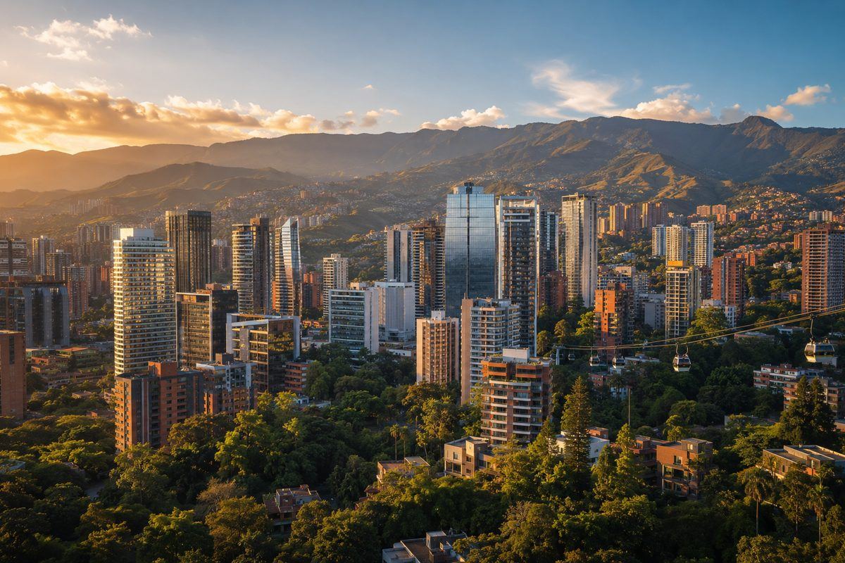 Aerial view of Medellín, Colombia at golden hour showing modern skyline surrounded by the Andes mountains